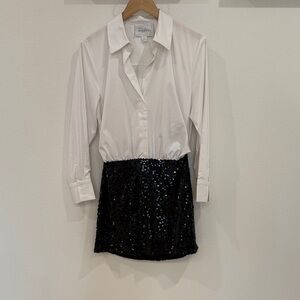 One piece classic white blouse with attached Black Sequin Mini Skirt